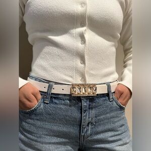 Elegant White Belt with Crystal Buckle